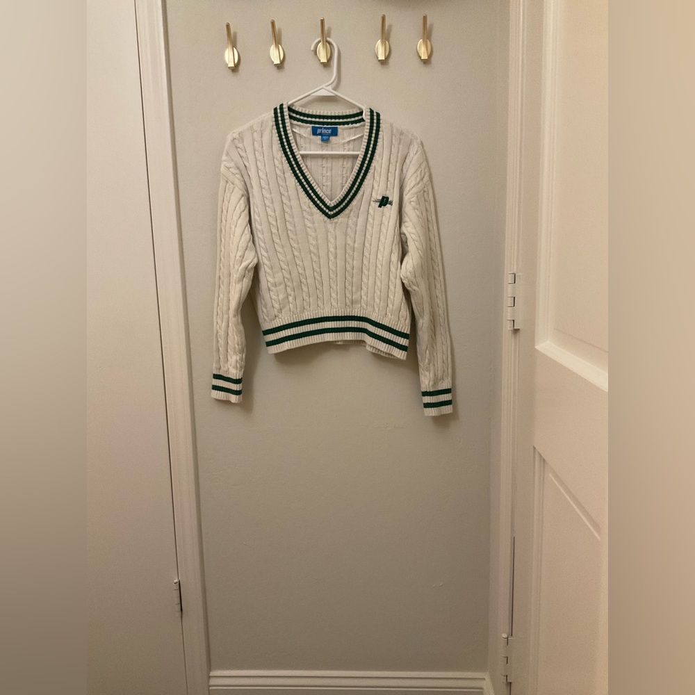 Prince White And Green Cable Knit Tennis Or Pickleball Sweater
